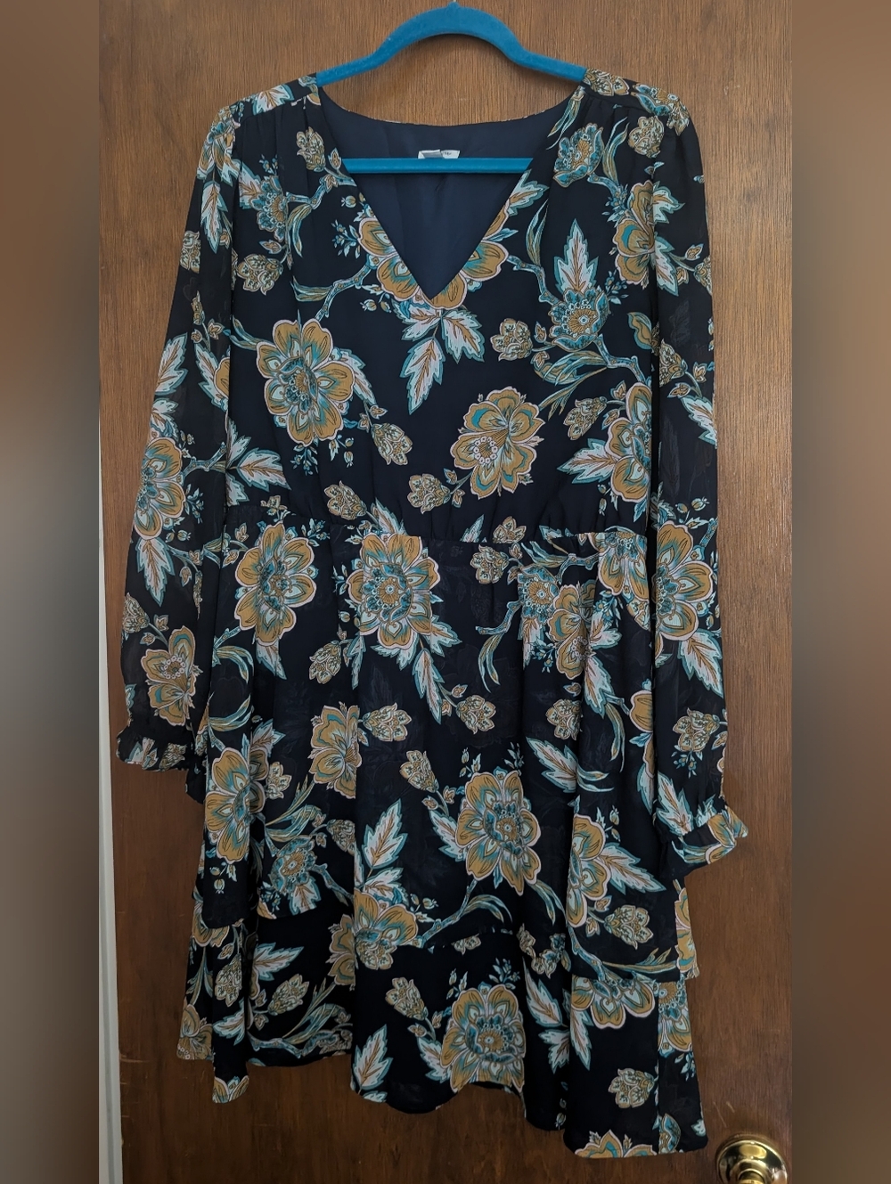 J. Crew Black Long Sleeve Floral V-Neck Dress - Mustard & Teal Women's Size 14